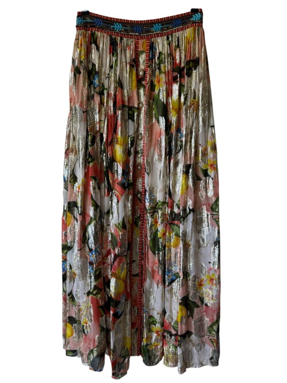 Verb Floral Shimmer Maxi Skirt Georgette Blend Pleated Lined Embroidered Waist
